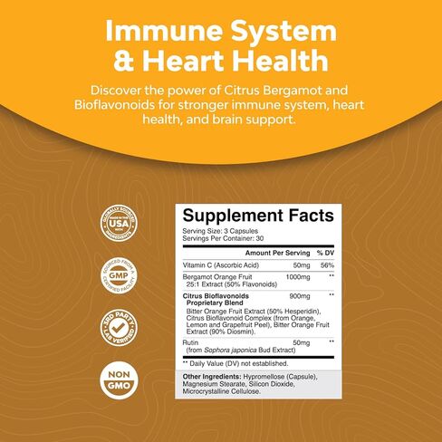 مكمل الحمضيات والبرغموت مع بيوفلافونويدات الحمضيات - مكمل بيوفلافونويدات الحمضيات النهائي مع مستخلص البرغموت الحمضي 1000 مجم روتين وهيسبيريدين لدعم المناعة (شهر واحد) in Kuwait