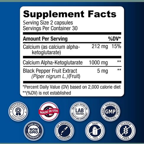Time Release Calcium Alpha-Ketoglutarate (AKG) | Independently Lab Tested for Purity | 60 Enteric Coated Capsules, 1000mg per 2 Capsule Dose | Supports Multiple Pathways Associated with Healthy Aging in Saudi Arabia