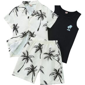 Kidmian Liitle Boys 3-pieces Summer Hawaiian Button Down Shirts and Short Sets with Sleeveless Vest Clothing Outfits Sets