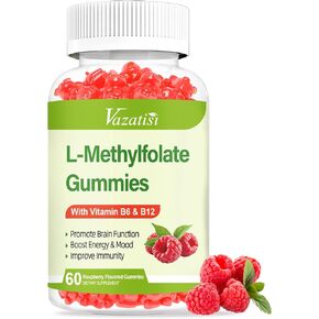 L-Methylfolate 15 mg Gummies with Methyl B12, Folate Supplement for Mood, Brain Health, Immune Support, Raspberry Flavor, 60 Count