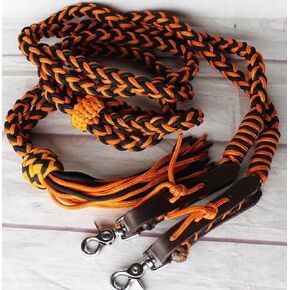 CHALLENGER Horse Roping Western Barrel Split Reins Nylon Braided Black Orange Tack 607136