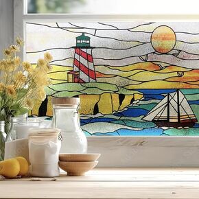 Window Film Stained Glass Stickers,Decorative Static Cling,Sailing Lighthouse Pattern,3D Material Printed,Privacy Film for Bathroom,Front Door,Home, Sun Blocking Heat Control (SA001, 27"X17")