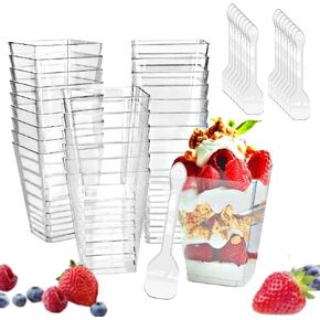 50 dessert Cups+ 50 Spoons, 5-ounce transparent square dessert Cups (50 dessert Cups+50 Spoons)