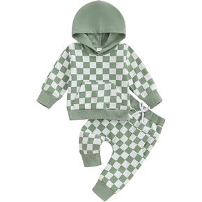 Ledy Champswiin Baby Boy Winter Clothes Sweatpants Set Checkered Sleeve Letter Hoodie Sweat Outfit Toddler Boy Clothing