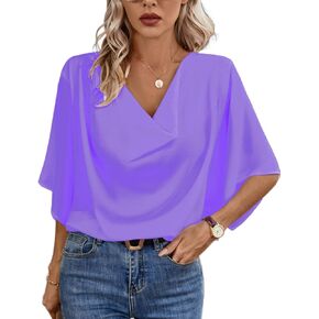 Women's Cowl Neck Batwing Sleeve Chiffon Blouse Loose Fit Work Casual Shirt Tops