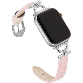 Genuine Leather Band Compatible with Apple Watch Women 38mm 40mm 41mm, Designer Slim Leather Strap with D-Shape Rose Gold Metal Buckle for iWatch Series 9 8 SE 7 6 5 4 3 2 1, Black