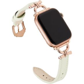 Genuine Leather Band Compatible with Apple Watch Women 38mm 40mm 41mm, Designer Slim Leather Strap with D-Shape Rose Gold Metal Buckle for iWatch Series 9 8 SE 7 6 5 4 3 2 1, Black in Kuwait
