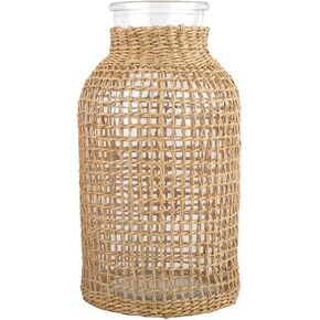 Glass Flower Vase with Rattan Cover, Creative Japanese Style Flower Bud Vase, Floral Container Farmhouse Flower Vase for Floral Arrangements Home Party Decor (L, 8.06x3.73x2.75 inch)