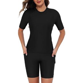 Tournesol Women's Two Piece Rash Guard Short Sleeve Swim Shirts UPF 50+ Built in Bra Swimsuit with Boyshorts with Pockets