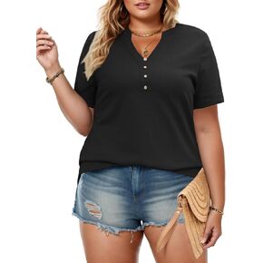 DOLNINE Plus Size Short Sleeve Tops for Women Summer Notched Neck Buttons Up T-Shirt