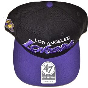 47 Los Angeles Lakers 2-Tone Script Sure Shot Captain Adjustable Snapback Cap - NBA, Flat Bill Baseball Hat Black