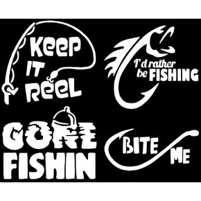 Fishing Decals 4 Pack: Keep It Reel, Gone Fishing, I'd Rather Be Fishing, Bite Me (White, Small ~3.5")