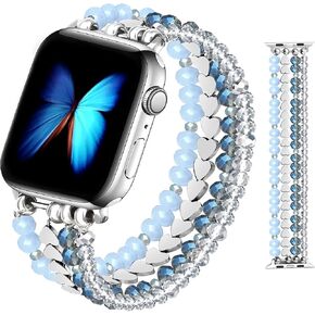 JR.DM Beaded Bracelet Compatible with Apple Watch Band 40mm 38mm 41mm Series 9/8/7/SE/6/5/4/3/2/1 Women Girls Dressy Fancy Handmade Stretchy Strap Replacement for iWatch Bands(Black/Silver)