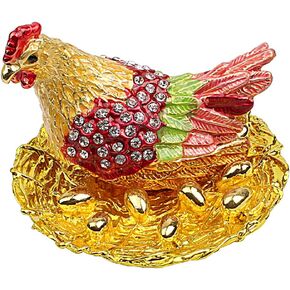 Hophen Hen Hatching Eggs Bejeweled Collectible Trinket Jewelry Box Chicken Coop Ring Holder Mother's Day Home Decor Figurine Ornament (Colorful)