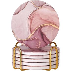 Absorbent Pink Marble Ceramic Coasters for Drinks with Gold Holder and Cork Base Set of 6 Round Decorative Tabletop Protection for Coffee Table Bar Kitchen Home and Dining Room