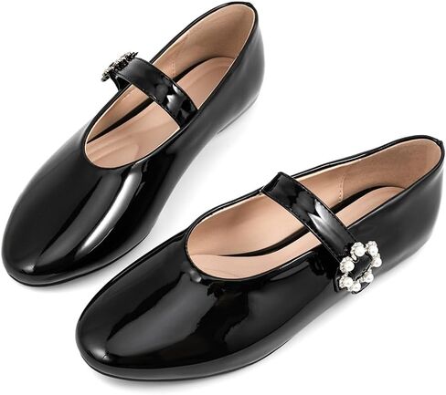 حذاء مسطح بإبزيم أسود للنساء حذاء باليه مسطح مع حزام ماري جين مسطح بمقدمة مستديرة وأحذية رسمية مسطحة. in Kuwait