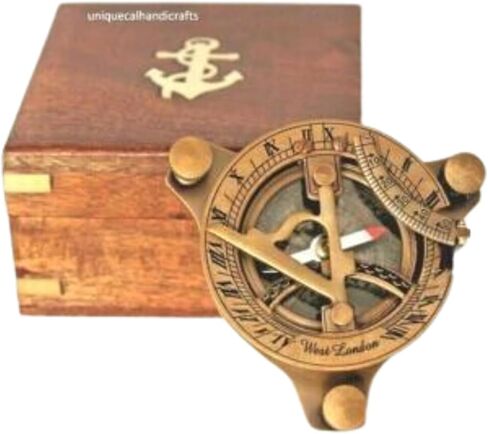 3" Nautical Brass Sundial Compass with Wood Box Antique Finish Handmade Compass for Camping & Hiking Collectible Item in Saudi Arabia