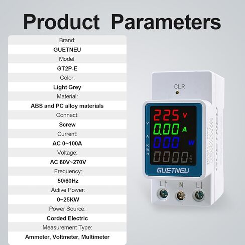 Digital Display Energy Meter Energy Tester Electricity Usage Monitor AC Rail-Mounted Meter GT2P-UID, AC 80~270V, 0~100A, 50/60Hz. Used to Measure AC Voltage, Current and Energy Consumption in Saudi Arabia