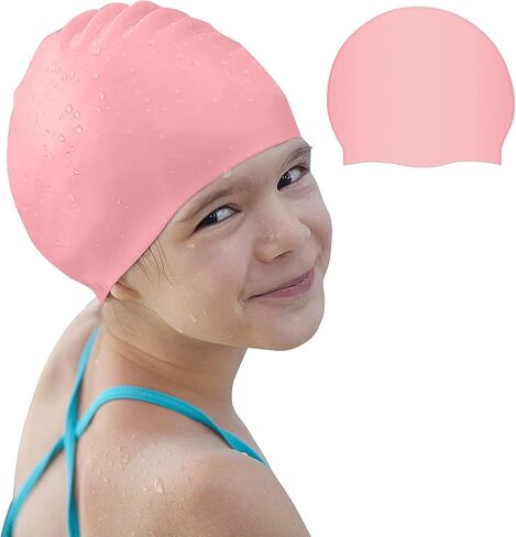قبعات سباحة للأطفال من Chriffer للفتيات ذات الشعر الطويل، قبعات سباحة للأطفال من سن 3 إلى 6 سنوات، قبعة سباحة للأولاد، قبعة سباحة للفتيات، قبعة سباحة للأطفال للأولاد من السيليكون المطاطي - وردي in Kuwait