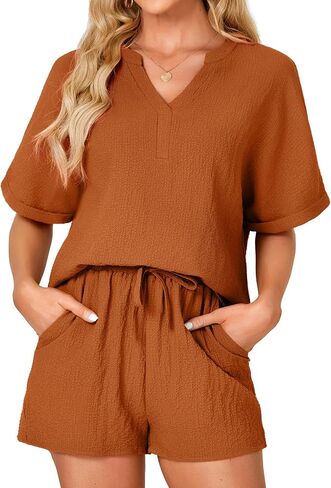 Rooscier Women's 2 Pcs Outfit Short Sleeve V Neck T Shirt High Waist Shorts Lounge Set in Saudi Arabia