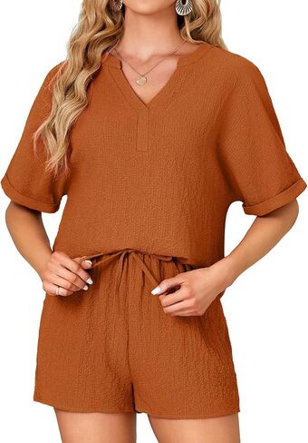 Rooscier Women's 2 Pcs Outfit Short Sleeve V Neck T Shirt High Waist Shorts Lounge Set in Saudi Arabia