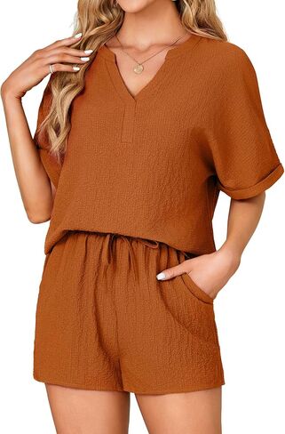 Rooscier Women's 2 Pcs Outfit Short Sleeve V Neck T Shirt High Waist Shorts Lounge Set in Saudi Arabia