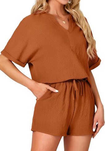 Rooscier Women's 2 Pcs Outfit Short Sleeve V Neck T Shirt High Waist Shorts Lounge Set in Saudi Arabia