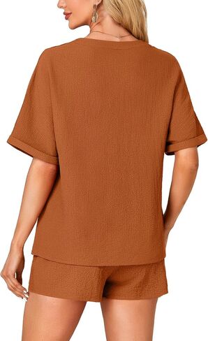 Rooscier Women's 2 Pcs Outfit Short Sleeve V Neck T Shirt High Waist Shorts Lounge Set in Saudi Arabia