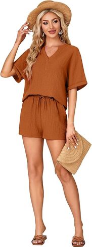Rooscier Women's 2 Pcs Outfit Short Sleeve V Neck T Shirt High Waist Shorts Lounge Set in Saudi Arabia