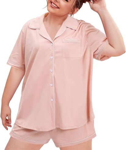 FLOYU بيجامة مقاس كبير للنساء مجموعة ملابس نوم بأزرار سفلية ملابس نوم علوية شورت Pjs طقم بيجاما مكون من قطعتين in Kuwait