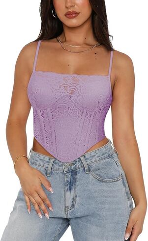 REORIA Womens Trendy Sexy Lace Strap Zip Back Going Out Boned Bustier Corset Tank Top With Built In Bra in Saudi Arabia