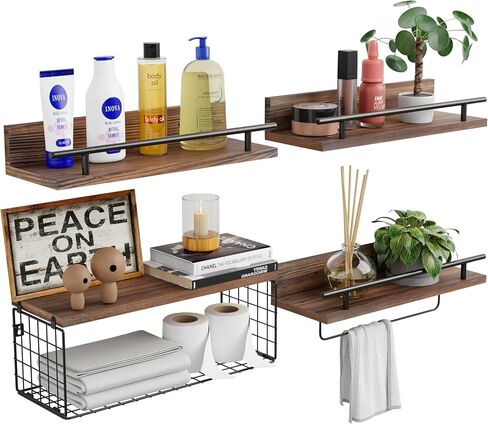 Floating Bathroom Shelves Set of 4, Bathroom Shelf with Towel Bar & Storage Basket & Paper Towel Holder, Rustic Wood Floating Shelves, Wall Shelves for Bathroom,Bedroom,Living Room,Kitchen in Kuwait