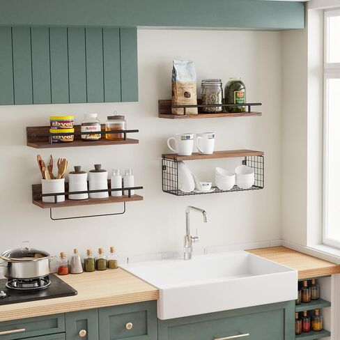 Floating Bathroom Shelves Set of 4, Bathroom Shelf with Towel Bar & Storage Basket & Paper Towel Holder, Rustic Wood Floating Shelves, Wall Shelves for Bathroom,Bedroom,Living Room,Kitchen in Kuwait