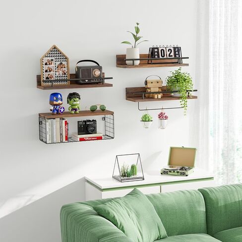 Floating Bathroom Shelves Set of 4, Bathroom Shelf with Towel Bar & Storage Basket & Paper Towel Holder, Rustic Wood Floating Shelves, Wall Shelves for Bathroom,Bedroom,Living Room,Kitchen in Kuwait