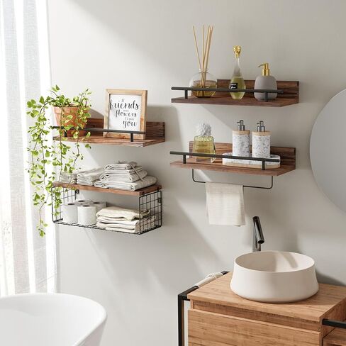 Floating Bathroom Shelves Set of 4, Bathroom Shelf with Towel Bar & Storage Basket & Paper Towel Holder, Rustic Wood Floating Shelves, Wall Shelves for Bathroom,Bedroom,Living Room,Kitchen in Kuwait