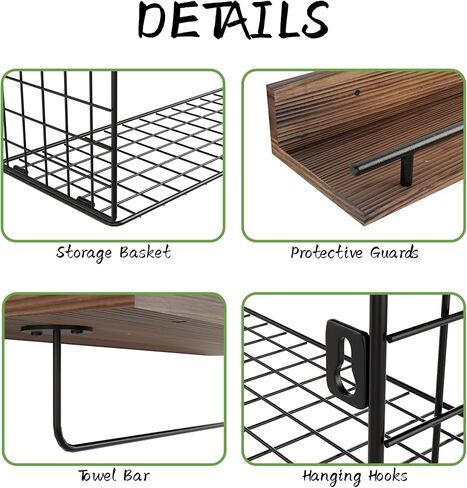 Floating Bathroom Shelves Set of 4, Bathroom Shelf with Towel Bar & Storage Basket & Paper Towel Holder, Rustic Wood Floating Shelves, Wall Shelves for Bathroom,Bedroom,Living Room,Kitchen in Kuwait