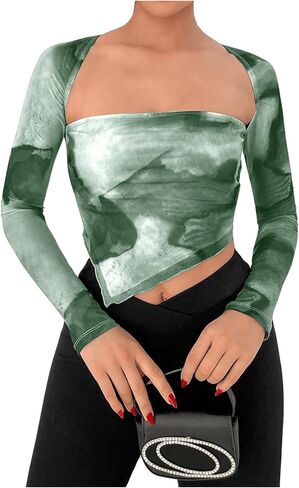SOLY HUX Women's Tie Dye Tees Long Sleeve Square Neck T-Shirt Asymmetrical Y2k Going Out Crop Tops in Kuwait