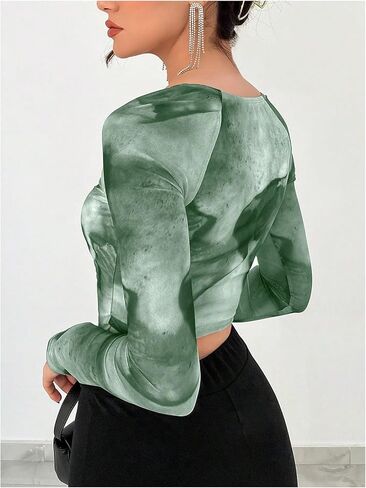 SOLY HUX Women's Tie Dye Tees Long Sleeve Square Neck T-Shirt Asymmetrical Y2k Going Out Crop Tops in Kuwait