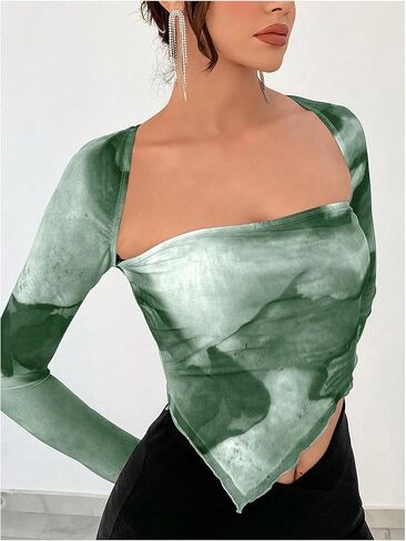 SOLY HUX Women's Tie Dye Tees Long Sleeve Square Neck T-Shirt Asymmetrical Y2k Going Out Crop Tops in Kuwait