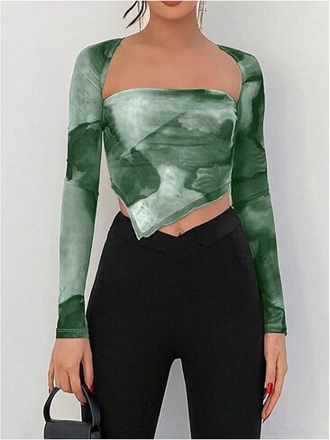 SOLY HUX Women's Tie Dye Tees Long Sleeve Square Neck T-Shirt Asymmetrical Y2k Going Out Crop Tops in Kuwait