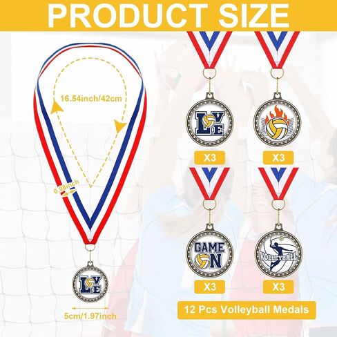 12 قطعة من ميداليات جوائز الكرة الطائرة اللينة الرياضية مع أشرطة للرقبة، ميداليات جوائز كبيرة للحفلات الرياضية هدية للفتيات والأولاد، 5 سم (الكرة الطائرة) in Kuwait