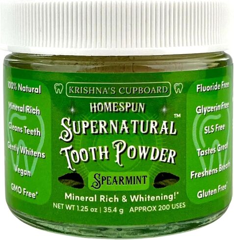Krishna's Cupboard Supernatural Organic Tooth Cleaning Powder, All Natural, Stain Remover, Remineralizing & Teeth Whitening, Fluoride Free Vegan Sensitive Teeth Powdered Toothpaste, Spearmint 1.25 oz in Saudi Arabia