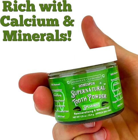 Krishna's Cupboard Supernatural Organic Tooth Cleaning Powder, All Natural, Stain Remover, Remineralizing & Teeth Whitening, Fluoride Free Vegan Sensitive Teeth Powdered Toothpaste, Spearmint 1.25 oz in Saudi Arabia