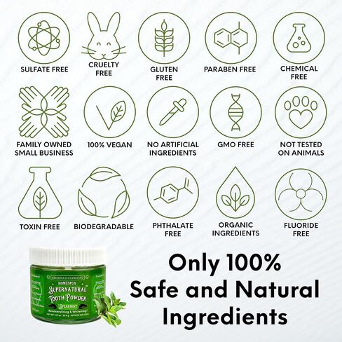 Krishna's Cupboard Supernatural Organic Tooth Cleaning Powder, All Natural, Stain Remover, Remineralizing & Teeth Whitening, Fluoride Free Vegan Sensitive Teeth Powdered Toothpaste, Spearmint 1.25 oz in Saudi Arabia