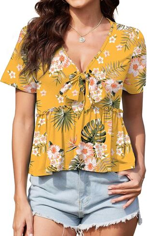 Womens Sexy V Neck Tops Summer Cute Ruffle Shirts Cutout Tie Bow Blouse Short Sleeve Crop Tops in Kuwait