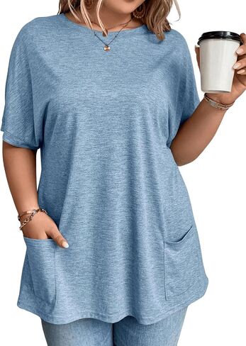 OYOANGLE Women's Plus Size Short Sleeve Round Neck Pocket Tee Shirt Basic Solid Loose Tunic Tops in Saudi Arabia