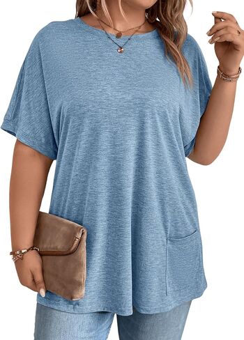 OYOANGLE Women's Plus Size Short Sleeve Round Neck Pocket Tee Shirt Basic Solid Loose Tunic Tops in Saudi Arabia