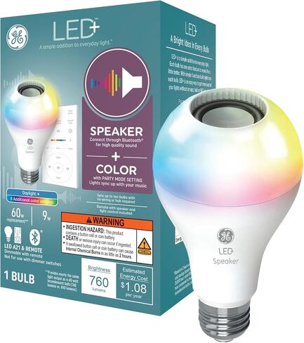 مصباح إضاءة LED بمكبر صوت متغير اللون من GE LED+ مع جهاز تحكم عن بعد، 9 وات، متعدد الألوان + أبيض ناعم، A21 (عبوة واحدة) in Saudi Arabia