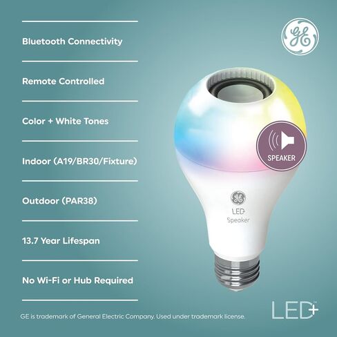 مصباح إضاءة LED بمكبر صوت متغير اللون من GE LED+ مع جهاز تحكم عن بعد، 9 وات، متعدد الألوان + أبيض ناعم، A21 (عبوة واحدة) in Saudi Arabia