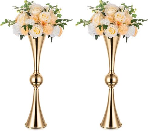 NUPTIO Gold Vases for Centerpieces Wedding - 2 Pcs 26 inch Tall Metal Flower Vase Flowers Stand - Elegant Bulk Weddings Decoration Table Trumpet Centerpiece for Tables in Saudi Arabia